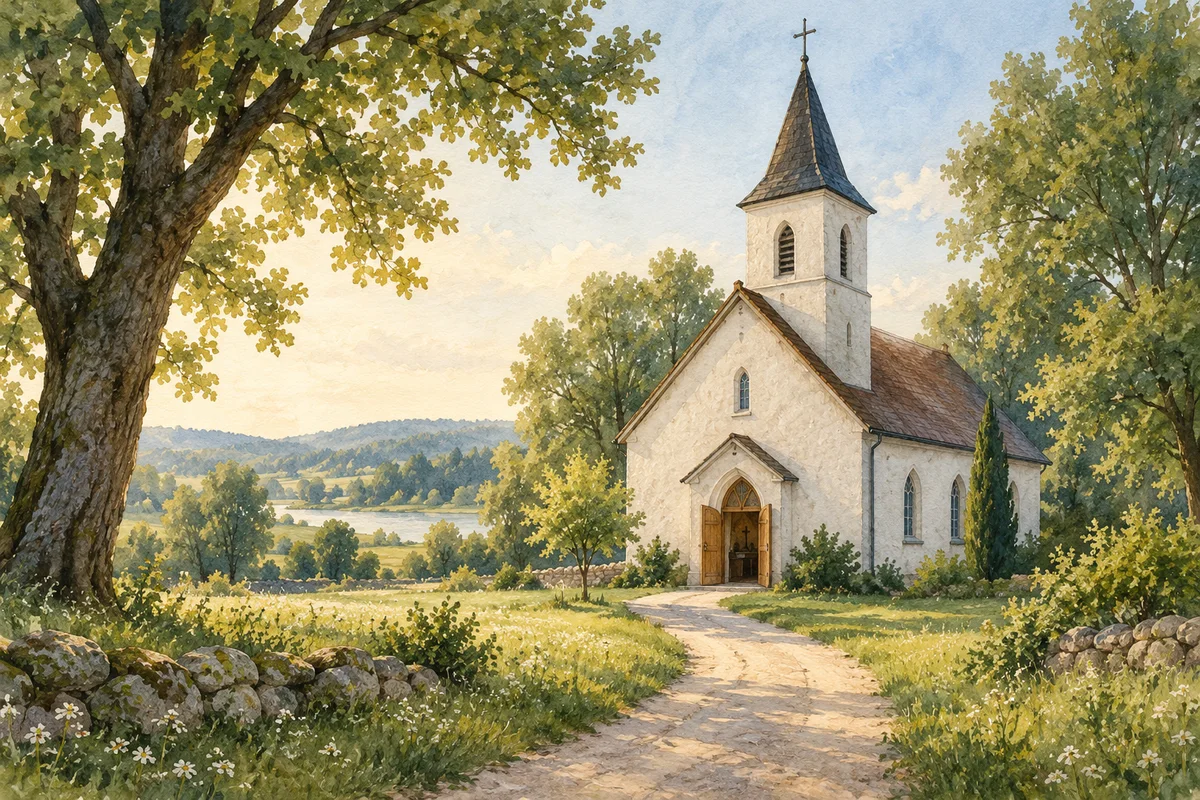 Takas į nedidelę bažnyčią tarp žaliuojančių medžių – DI iliustracija.